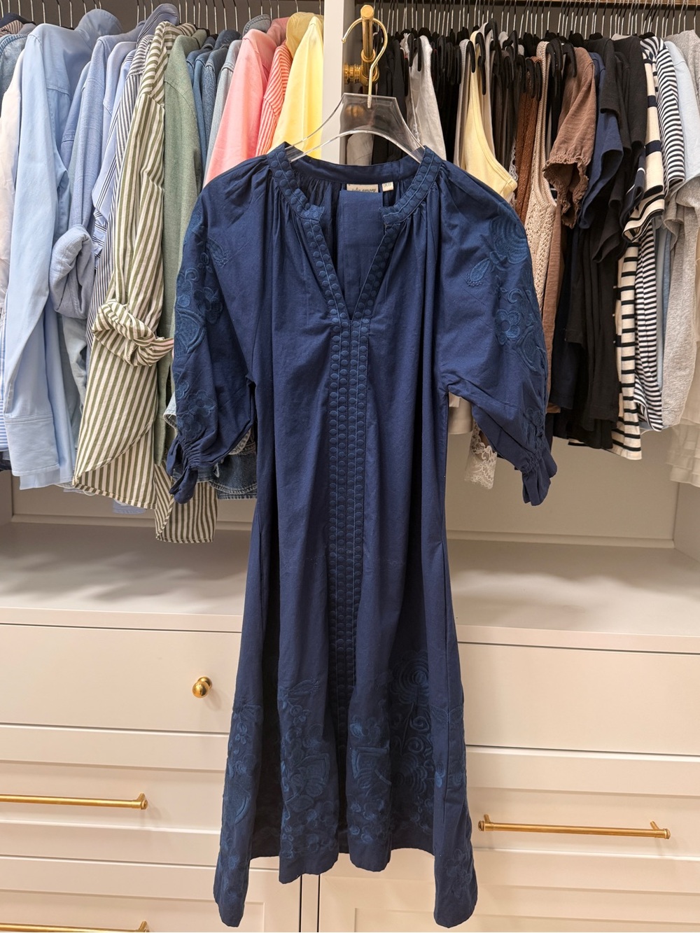 Julia Amory Coatua Caftan Embroidered Midi Dress in Navy Blue XS
